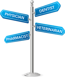 Sign post that says Dentist, Physician, Veterinarian and Pharmacist on it