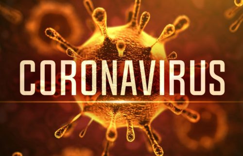 Coronavirus written in all caps on top of orange tinted virus